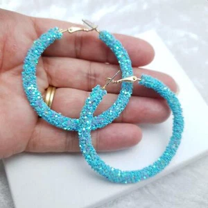 Aqua Blue Sparkle Hoop Earrings, Iridescent Shimmer, Glitter sequins. 5.5cm - Picture 1 of 3