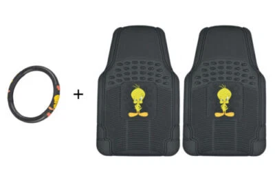 Tweety Bird 2 Pc Floor Mats + Steering Wheel Cover Combo Holiday Gift Set Pack - Image 1 of 4