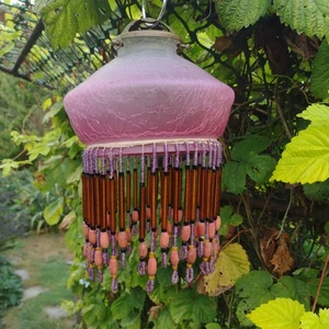 Antique old French Bijou Cranberry Crackle Glass Light Shade Bead Fringe - Picture 1 of 24
