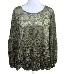 EST 1946 Blouse Womens Large Green Floral Velvet Burnout Peplum Boho Long Sleeve - Picture 1 of 14