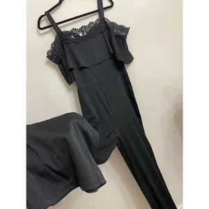 Black Jumpsuit Off Shoulder lace and ruffle One Piece Size XL - Picture 1 of 12