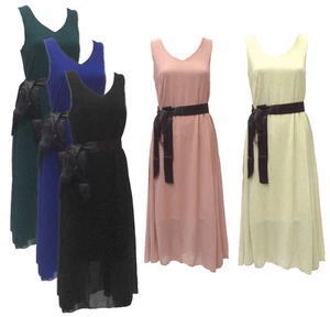 SALE Chiffon Midi Maxi Evening Dress Belted Party Cocktail Prom Satin 10-12 - Picture 1 of 6