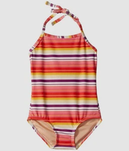$194 Toobydoo Kids Girl Orange Stripe Stretch Swim Halter One-Piece Swimsuit 3-4 - Picture 1 of 1