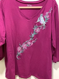 Bob Mackie Wearable Art 2X Embroidered Bird And Floral Front 3/4 Sleeves Blouse - Picture 1 of 11