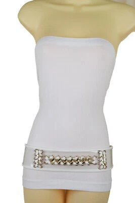 Mujeres Blanco Elástico Cintura Ancho Baile de graduación Vestido Cinturón Oro Metal Cadena XS S Foto 1 de 4