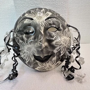 Unique Black and White Ceramic Mask - 7" - Oklahoma - Winking Eye, Lace Pattern - Picture 1 of 10