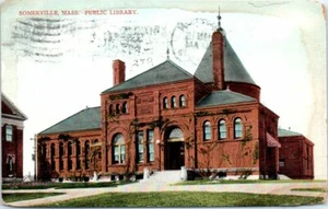 1900s MA Postcard Public Library Somerville Mass 1909 Postmark HEAVY WEAR - Picture 1 of 2