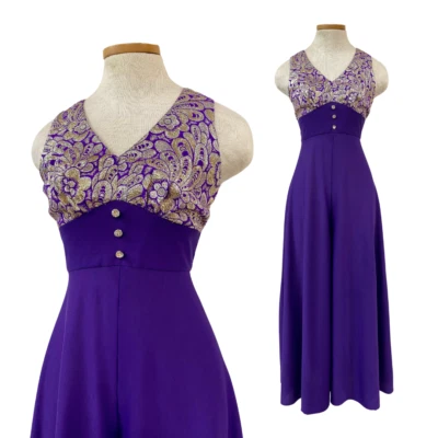 Vintage 1970s Studio 54 Disco Era Gold Metallic Lamé Wide Leg Purple Jumpsuit - Image 1 of 4