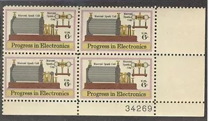 US USA Sc# 1500 MNH FVF PLATE# BLOCK Marconi Electronics Spark Gap Coil - Picture 1 of 1