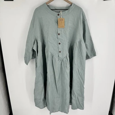Vestido Camisa Life de Lino Mujer Gran Tamaño Lagenlook Manga Corta Midi Azul 3X* NUEVO Foto 1 de 4