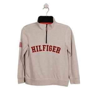 TOMMY HILFIGER Boys Gray M (12-14) Pullover Sweater 1/4 Zip Mock Collar USA Flag - Picture 1 of 9