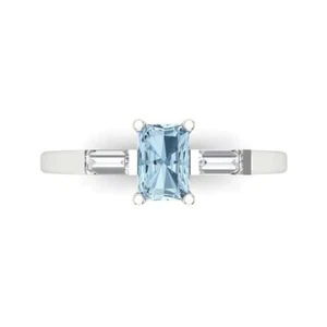 0.8Ct Emerald Cut Natural Aquamarine Three Stone Engagement Ring, 14K White Gold - Picture 1 of 11