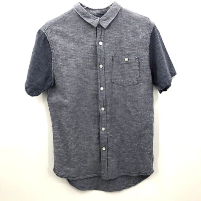Modern Amusement Mens Button Front Shirt M Blue Linen Cotton Collar Short Sleeve - Image 1 of 4