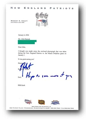 Carta firmada por Robert Kraft de los Patriots John Hannah NFL relacionada con el juego usada usada Foto 1 de 4