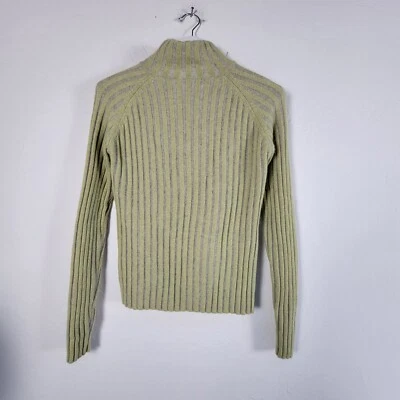 Women's 100% Cashmere Ribbed Knit Mock Neck Sweater Pullover Green/Gray Cozy - Image 1 of 4