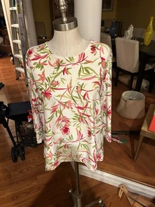 JM Collection cream/green/rose Floral 3/4 Sleeve Textured Stretch Top xl - Picture 1 of 6
