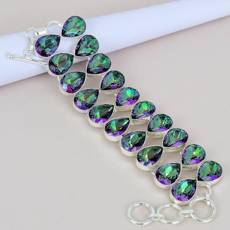 925 Sterling Silver Mystic Topaz Gemstone Handmade Jewelry Bracelet-8" - Image 1 of 4