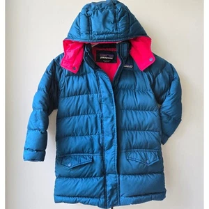 Patagonia Girls Down For Fun Parka Size XS Removeable Hood 5-6 Teal Blue Magenta - Picture 1 of 17