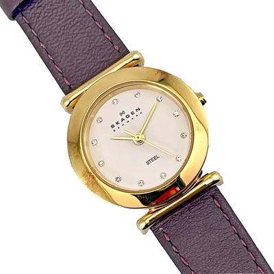 SKAGEN LADIES BROWN LEATHER BAND WHITE 12 SWAROVSKI CRYSTAL MARK DIAL 107SGLD - Image 1 of 4