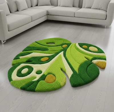 Alfombra de hojas Monstera acolchada a mano - Alfombra abstracta moderna verde para vivir Foto 1 de 4