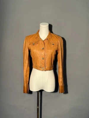 Vintage Style Brown Orange Leather Motorcycle Jacket Crop Women’s XS Gap - Image 1 of 4