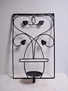 vtg Wrought Iron Wall Sconce candle holder square w/ leaves flower pot black - Picture 1 of 3