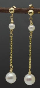 New 14K Solid Gold Cultured 7mm Pearl Drop/Dangle Earrings - Picture 1 of 4