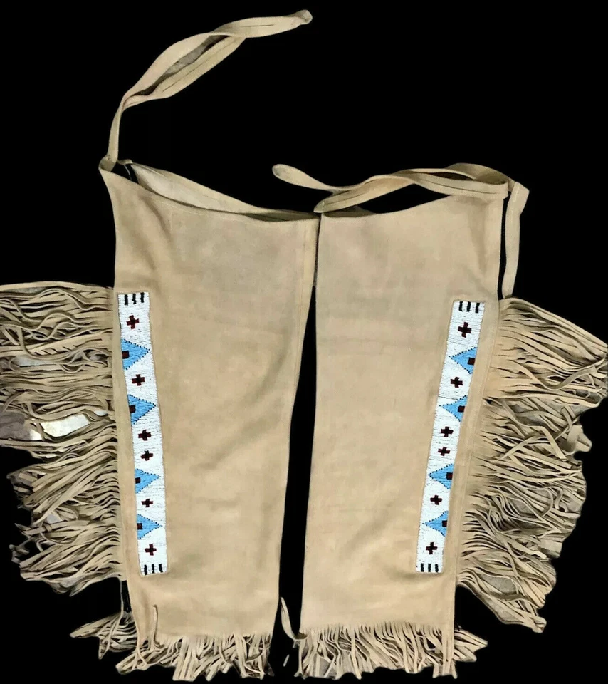 Men's Native American Buckskin Suede Leather Chap Pants Fringes Long Beads  - Image 1 of 1