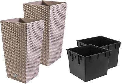 Rattan Flower Pots, Coffee Colour Rattan Design 22.5cm Pair of Pots with Inserts - Image 1 of 2