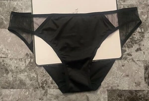 NWT VICTORIA'S SECRET MEDIUM BLACK SATIN SMOOTH SHEER MESH RARE BIKINI PANTIES - Picture 1 of 5