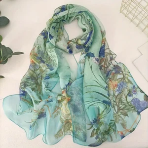 Chiffon Green Teal Turquoise Women's Floral Scarf Printed Pretty Silky Spring - Picture 1 of 5