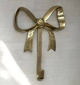 Vintage Solid Brass Ribbon Bow Single Wall Hook Wreath Hanger 7” Wall Decor - Picture 1 of 5