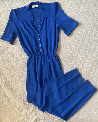 ST. JOHN Vintage Ultra Rare Script 80's Label Santana Knit Blue Jumpsuit Size 6? - Image 1 of 4