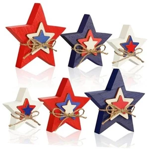 6 Pcs Patriotic Wooden Stars Signs Memorial Day Decorations Red White and Blue - Picture 1 of 7