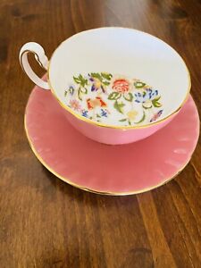 Aynsley Oban Salmon Pink Floral Teacup and Saucer Butterfly Limited Edition 2000
