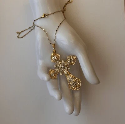 Cadena Collar Cruz Victoriana Grande Tono Dorado Religioso Gótico Grunch Whimsgoth Foto 1 de 4