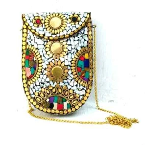 Boho Mosaic Metal Clutch Bag Yellow Green Bridal Purse | Mobile Holder for Women - Picture 1 of 8