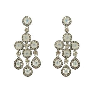 Women's moon stone and Diamond Earrings 925 silver and 14 kt gold Earrings