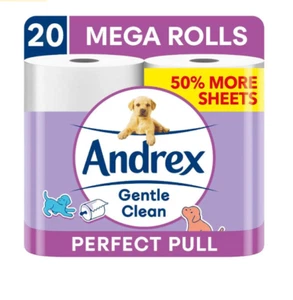 Andrex Gentle Clean Mega Toilet Roll Easy Tear - 20 Rolls - 235 Sheets Per Roll - Picture 1 of 6