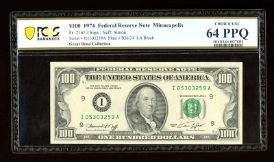 DBR 1974 $100 FRN Minneapolis Fr. 2167-I PCGS-B 64 PPQ Serial I05303259A - Image 1 of 2