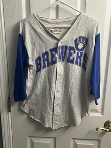 Vintage Milwaukee Brewers 3/4 Sleeve Cotton Jersey Button Up Size Medium Gray - Picture 1 of 5