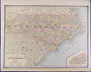 1886 CRAM Map of NORTH CAROLINA , color antique ORIGINAL vgc - Picture 1 of 6
