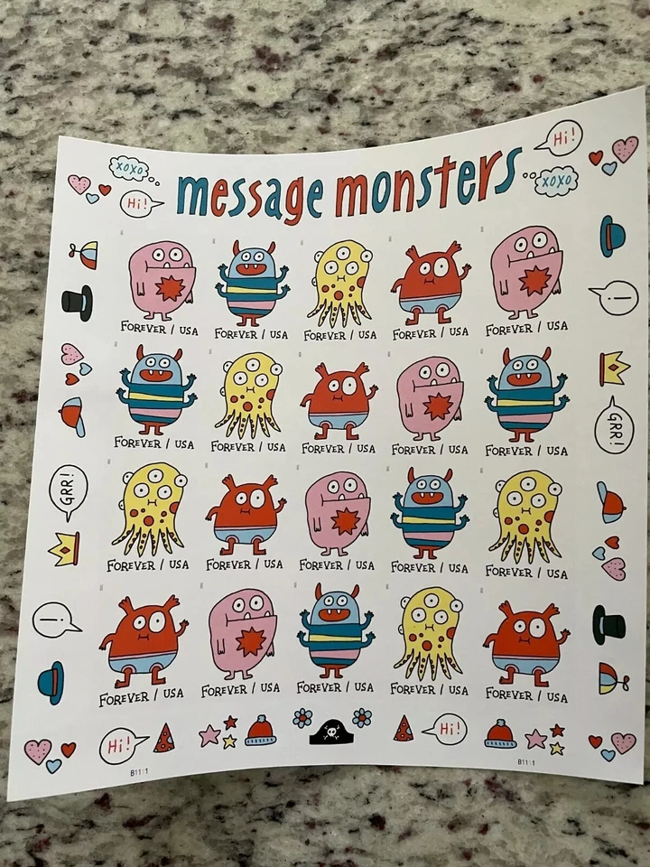 2021 Imperf Message Monsters Pane of 20 W/O Die Cuts NDC 5639a, 5636-39 - Image 1 of 1
