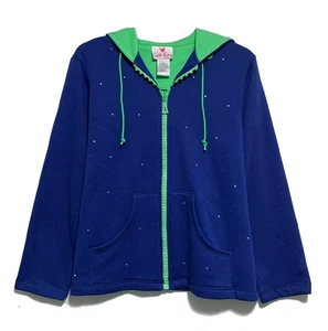 Quacker Factory, QVC, Blue, Green Trim Zip Up Rhinestone Studded Jacket, size L - Picture 1 of 3