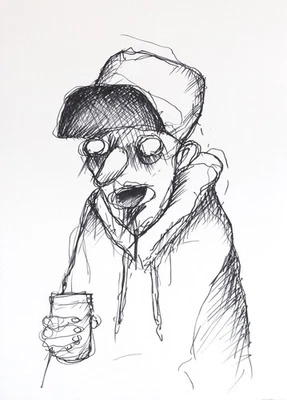 Tinta de dibujos animados original de una lata retrato sobre papel A2 Foto 1 de 3