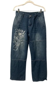 Unbranded Wide Leg Mid Rise Paneled Jeans Medium Wash Bleach Design Sz Small - Picture 1 of 5