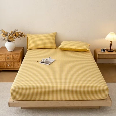 Sábana Ajustable de Guinga Amarilla King Solo Algodón Lavado Blanco Bot a Cuadros... Foto 1 de 4