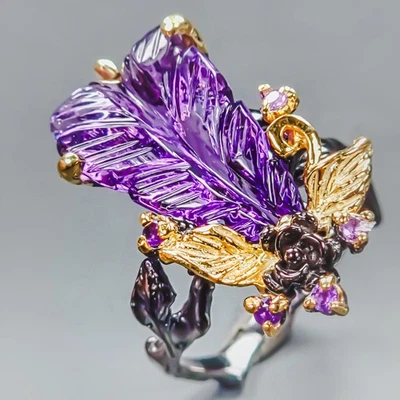 AAA carving 20 ct Natural Amethyst Ring 925 Sterling Silver Size 8.5 /R438183 - Image 1 of 4