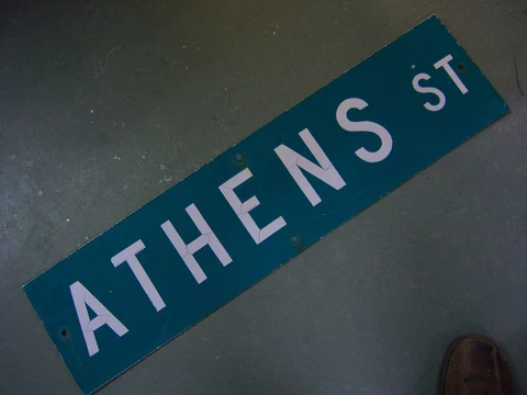 Vintage ORIGINAL ATHENS ST STREET SIGN WHITE ON GREEN BACKGROUND 36" X 9" Cover