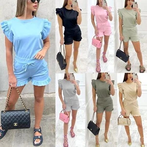 Ladies Shorts 2PCS Co ord Tracksuit Set Women's Frill Peplum Short Sleeve Top UK - Picture 1 of 13